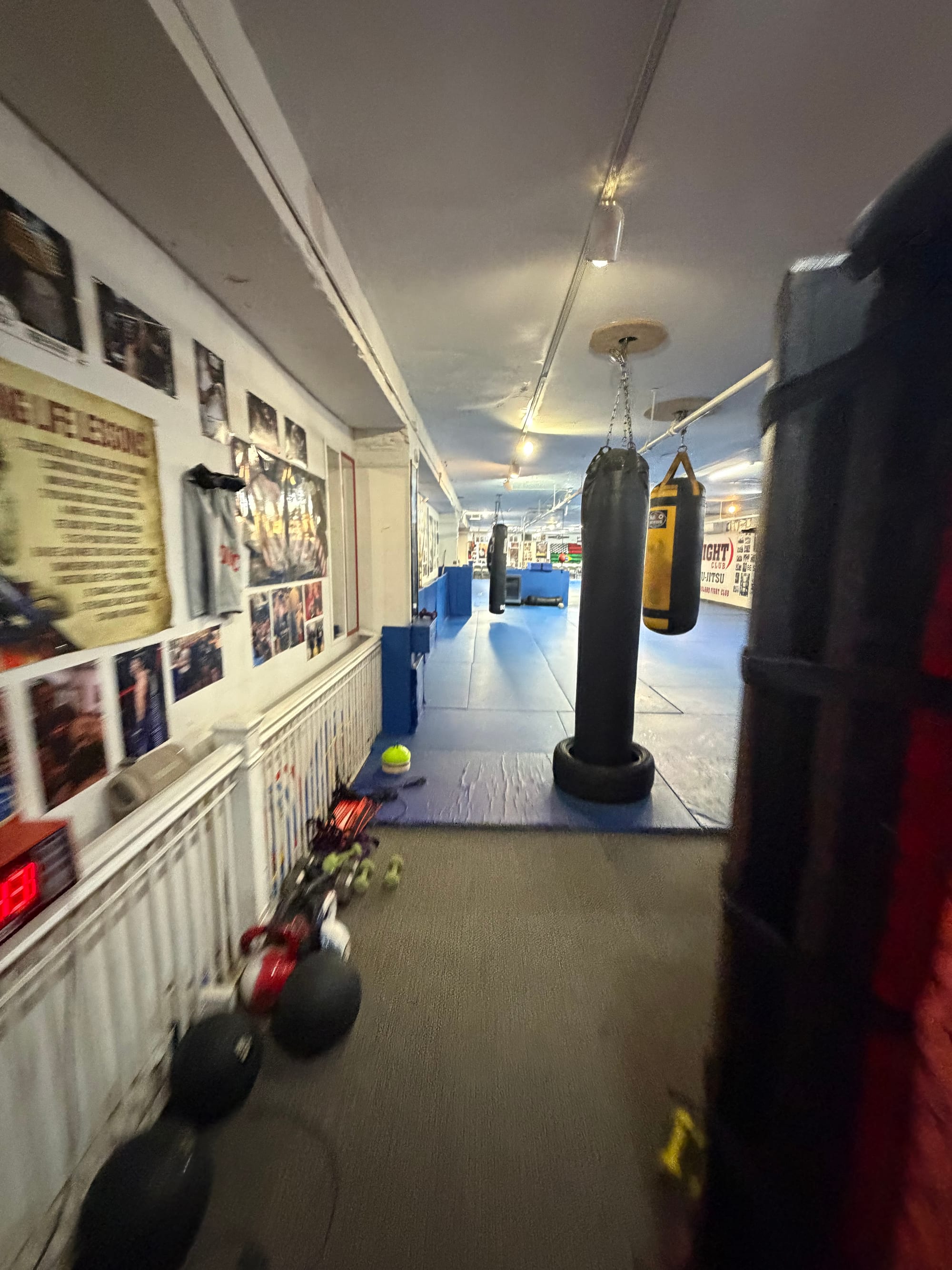 Sacos pesados y fotografías de peleas cubriendo la pared de Ironhand Boxing